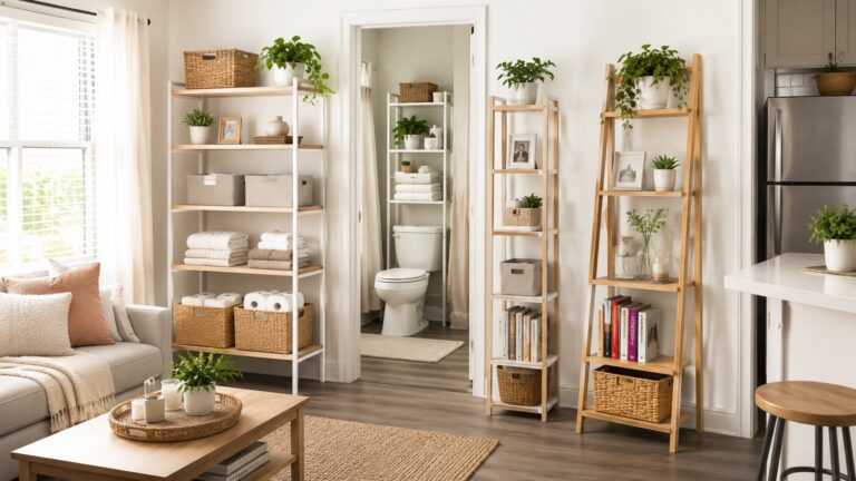 Renter-friendly apartment shelves with baskets, plants, and freestanding storage in a small apartment