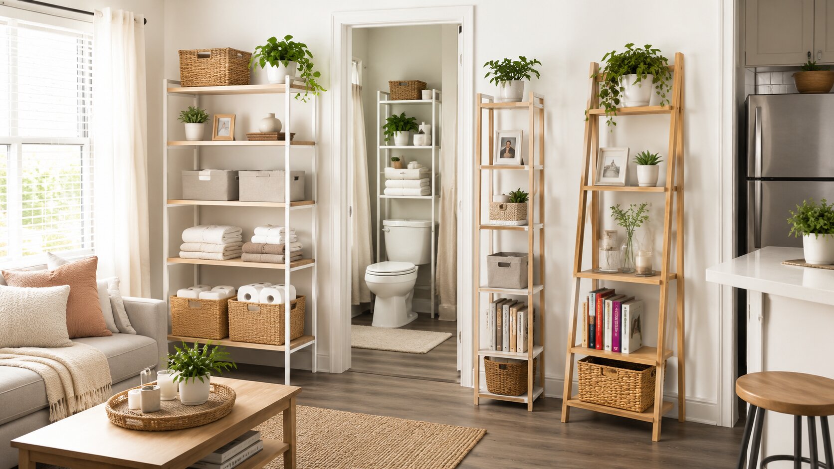 Renter-friendly apartment shelves with baskets, plants, and freestanding storage in a small apartment