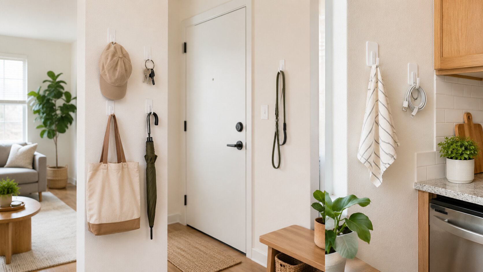 Command hooks for renters holding keys, bags, towels, and cords in a small apartment entryway