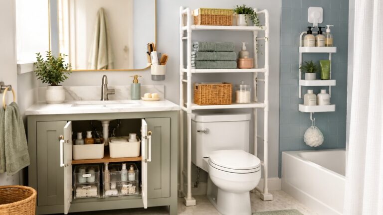 Small rental bathroom with no-drill storage shelves, under-sink organizers, and shower caddy