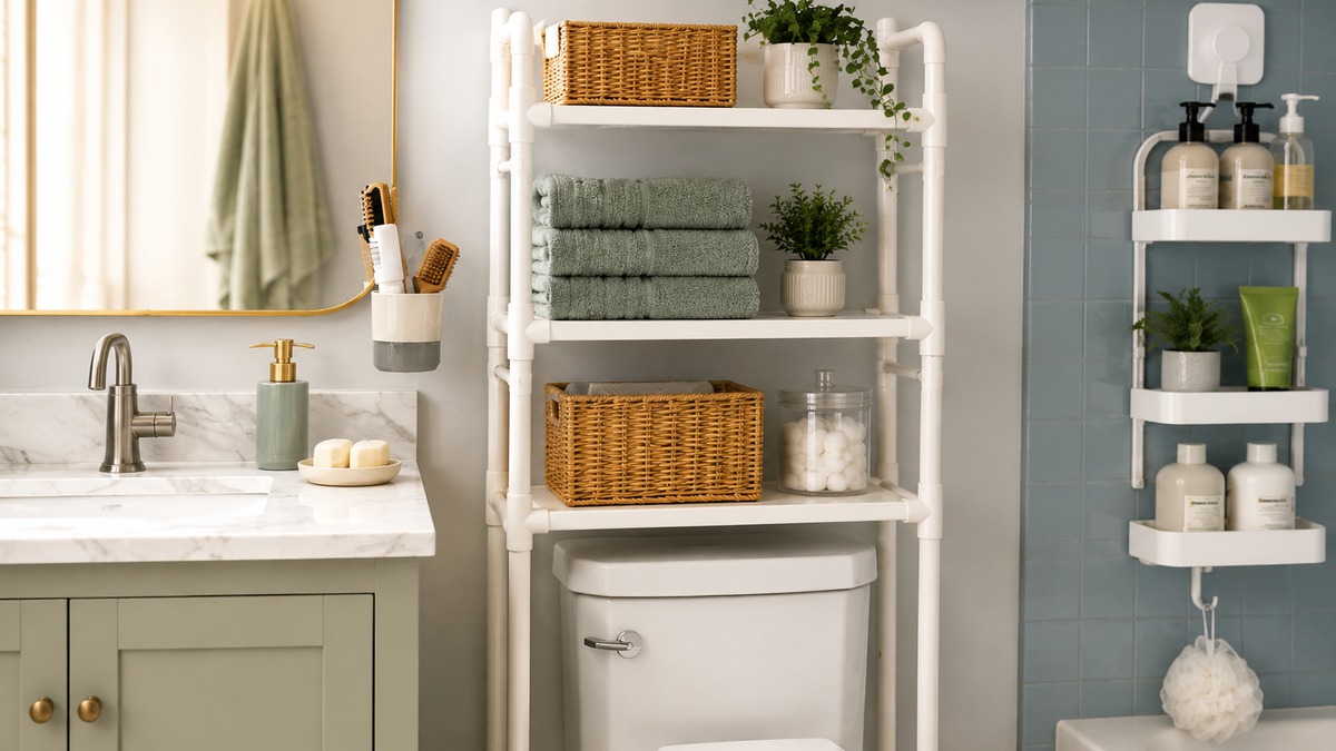 Freestanding over-the-toilet shelf with towels and baskets in a small rental bathroom