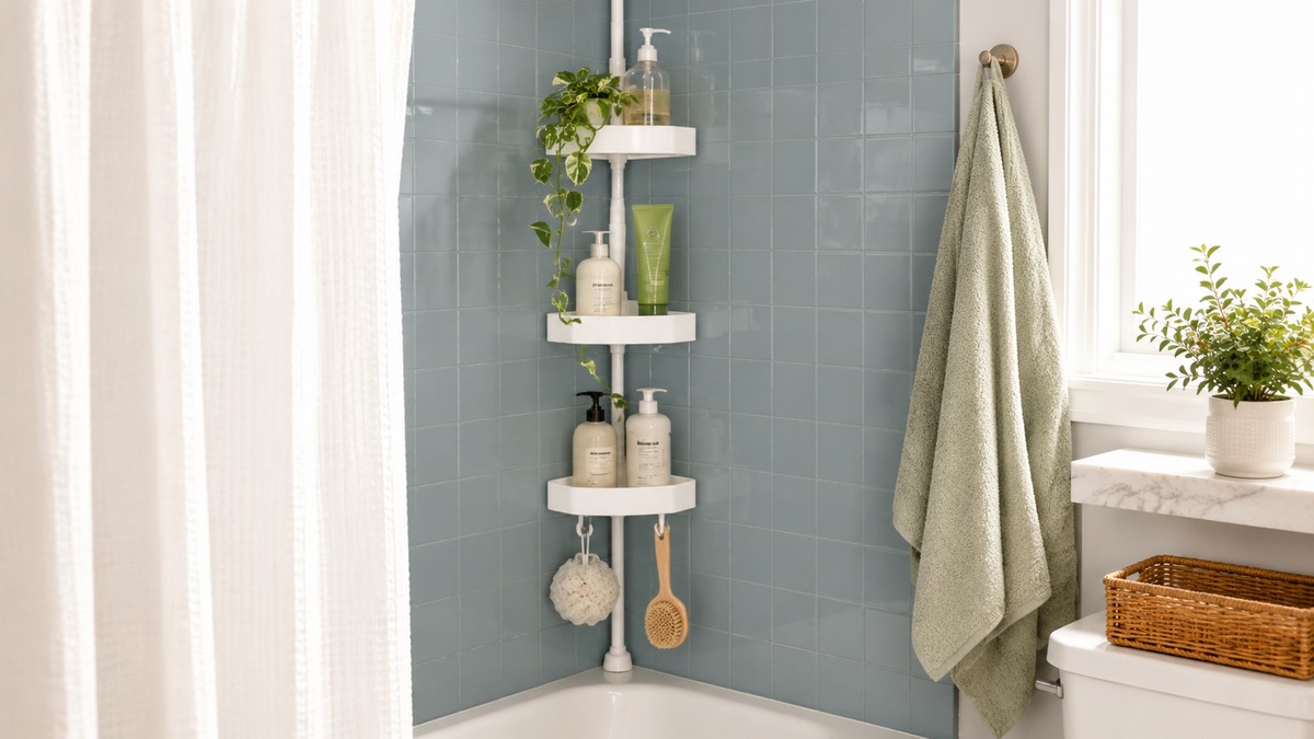 Tension shower caddy with bath products in a renter-friendly bathroom