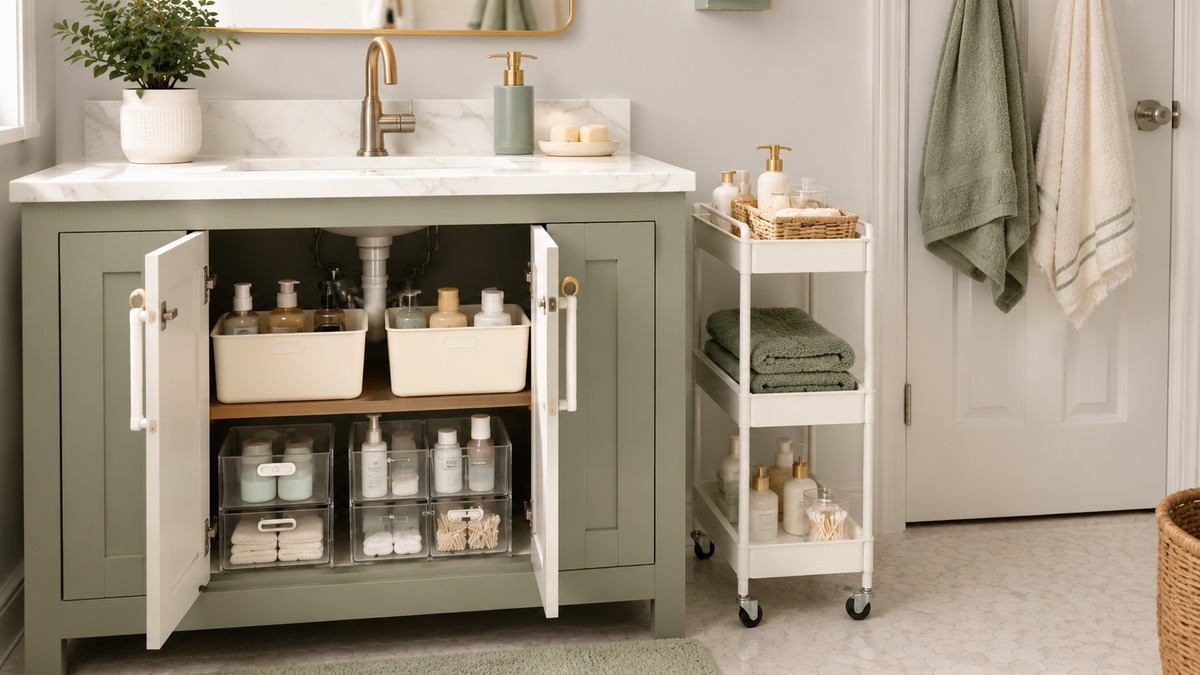 Under-sink bathroom organizers and slim rolling cart in a small apartment bathroom