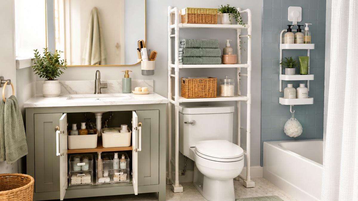 Small rental bathroom with no-drill storage shelves, under-sink organizers, and shower caddy