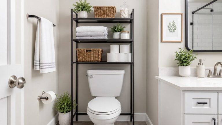 A featured image for small bathroom counter organization ideas, showing a clean renter-friendly bathroom setup with practical storage for towels, toiletries, cleaning basics, and daily-use items.