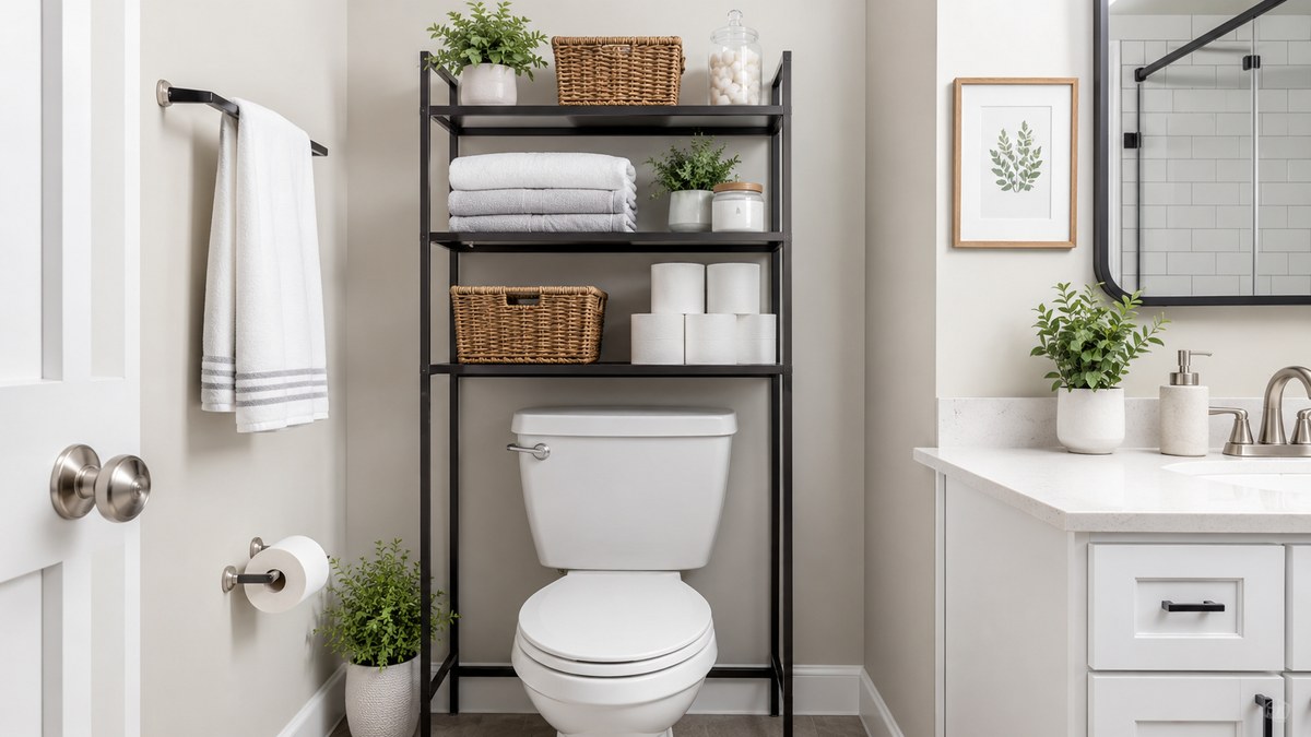 A featured image for small bathroom counter organization ideas, showing a clean renter-friendly bathroom setup with practical storage for towels, toiletries, cleaning basics, and daily-use items.