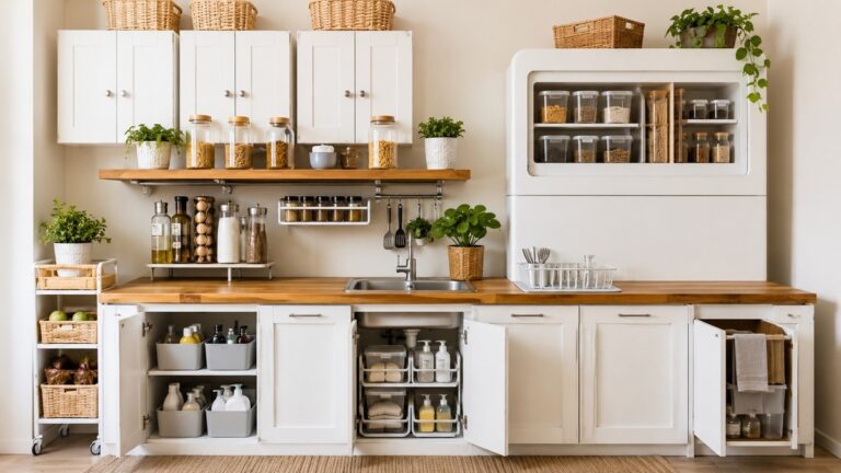 Renter-friendly small apartment kitchen with removable storage organizers, shelf risers, bins, and a slim cart