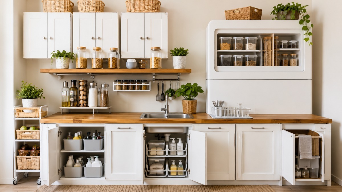 Renter-friendly small apartment kitchen with removable storage organizers, shelf risers, bins, and a slim cart