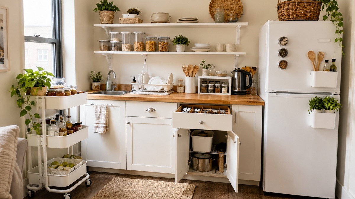 Small apartment kitchen with renter-friendly storage, open shelves, clear containers, a slim rolling cart, and magnetic fridge organizers