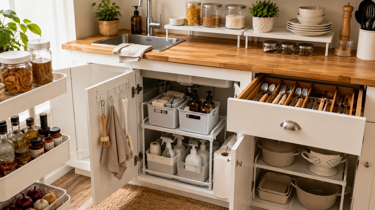 Under-sink kitchen organizer with stackable bins, cabinet door hooks, drawer dividers, and shelf risers for a small rental kitchen