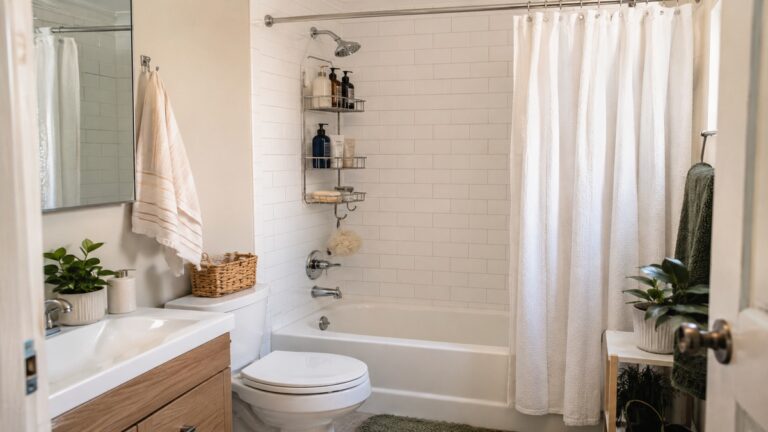 Renter-friendly shower storage setup in a small apartment bathroom with a no-drill caddy and organized bottles