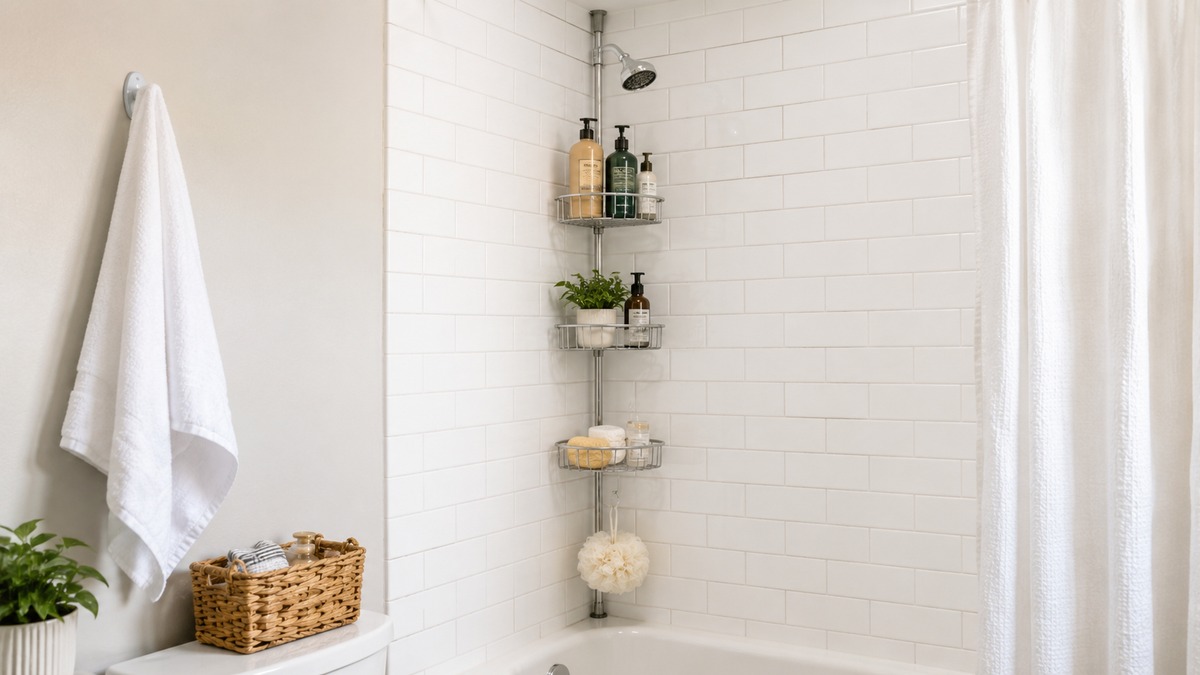 Over-shower-head caddy holding shampoo and shower products in a small rental bathroom