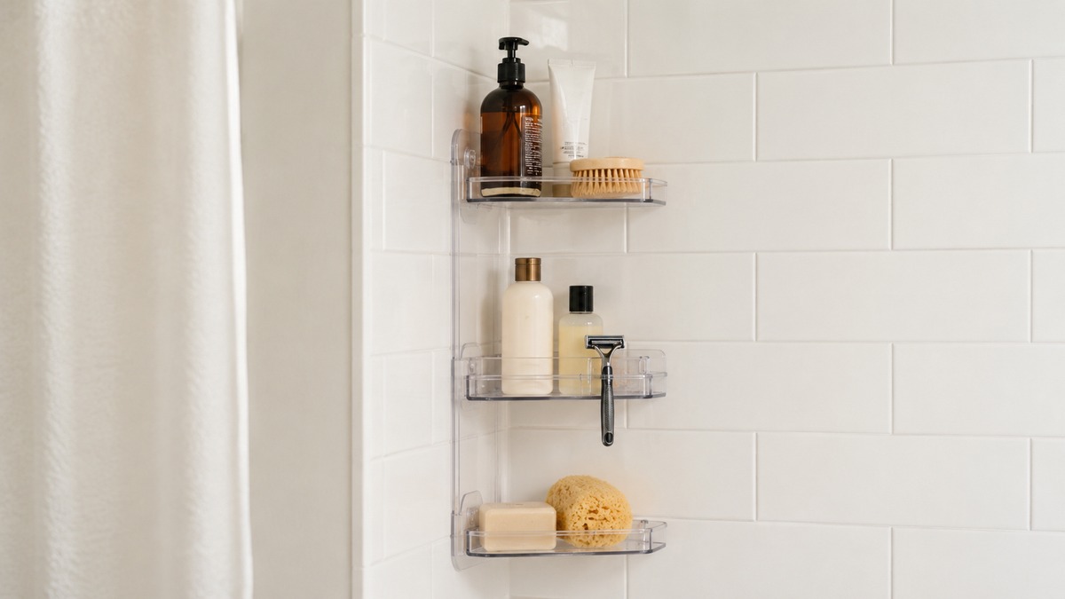 Tension pole shower caddy in a bathroom corner with multiple shelves for bottles