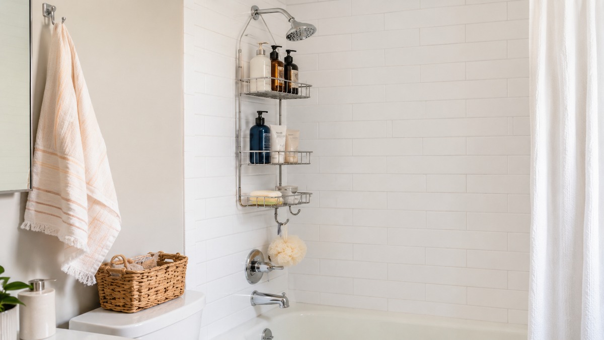Adhesive no-drill shower shelves on smooth tile with bath products organized neatly