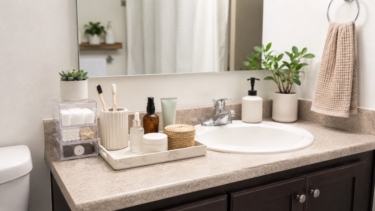Alt Text: Small bathroom counter organization ideas Caption: Simple bathroom counter organization ideas for small apartments and renters. Description: A featured image for small bathroom counter organization ideas, showing a clean renter-friendly bathroom setup with practical storage for towels, toiletries, cleaning basics, and daily-use items.